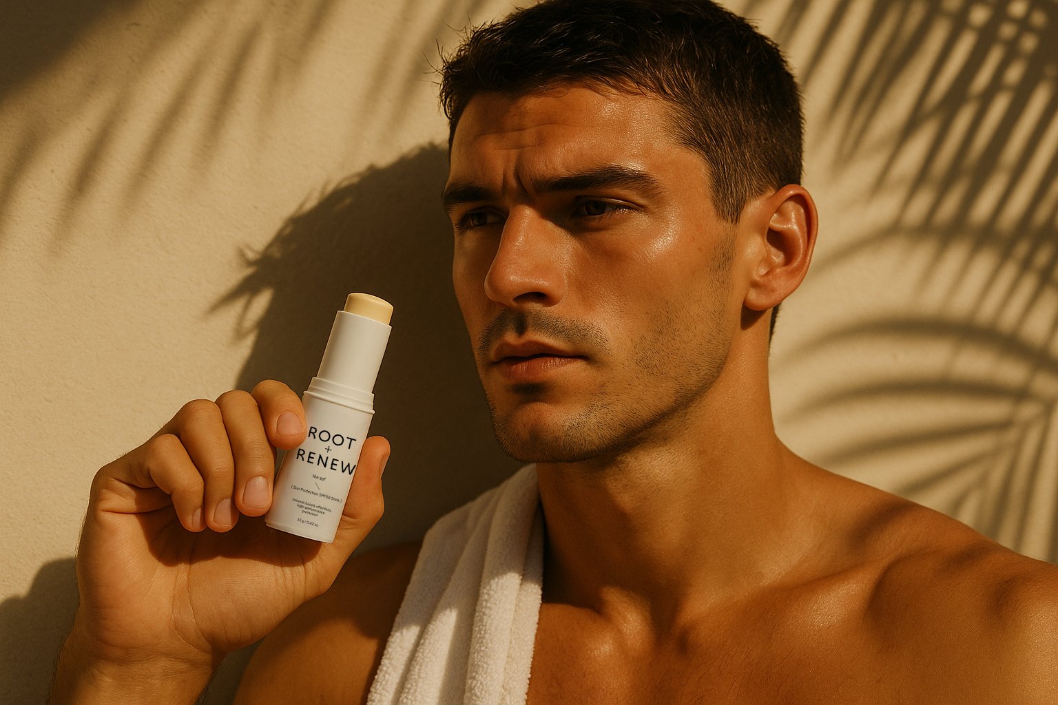 Close-up of a man applying Root and Renew skincare serum with a dropper, highlighting healthy, hydrated skin and freckles, symbolizing effective and effortless men’s skincare.