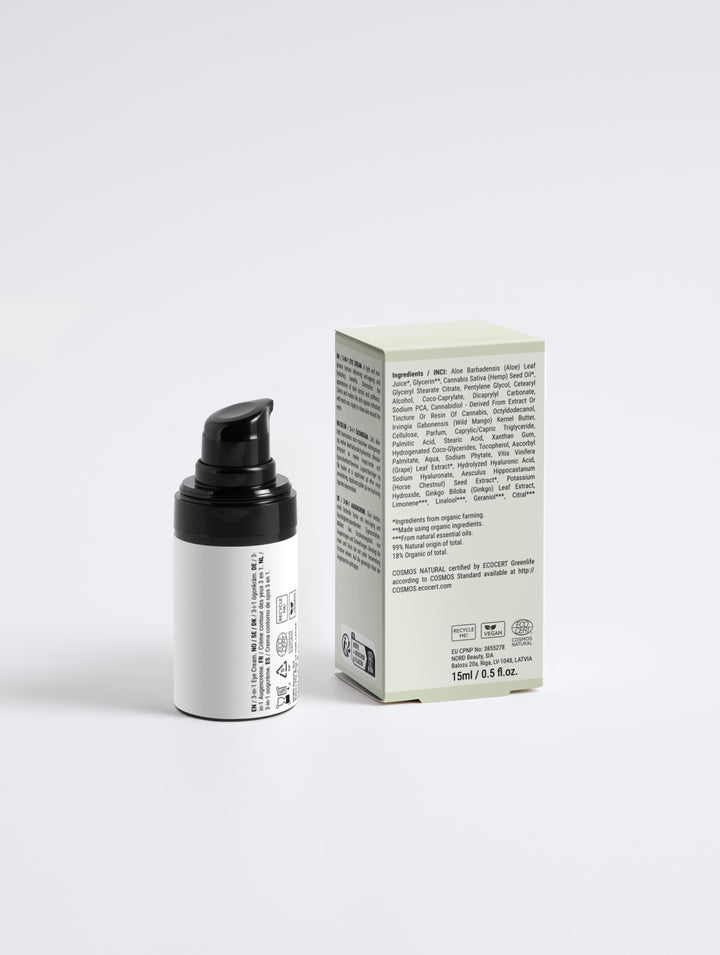 Back view of Root + Renew The Bright Side Eye Cream bottle and ingredients list on packaging box with COSMOS Natural, vegan, and cruelty-free certifications