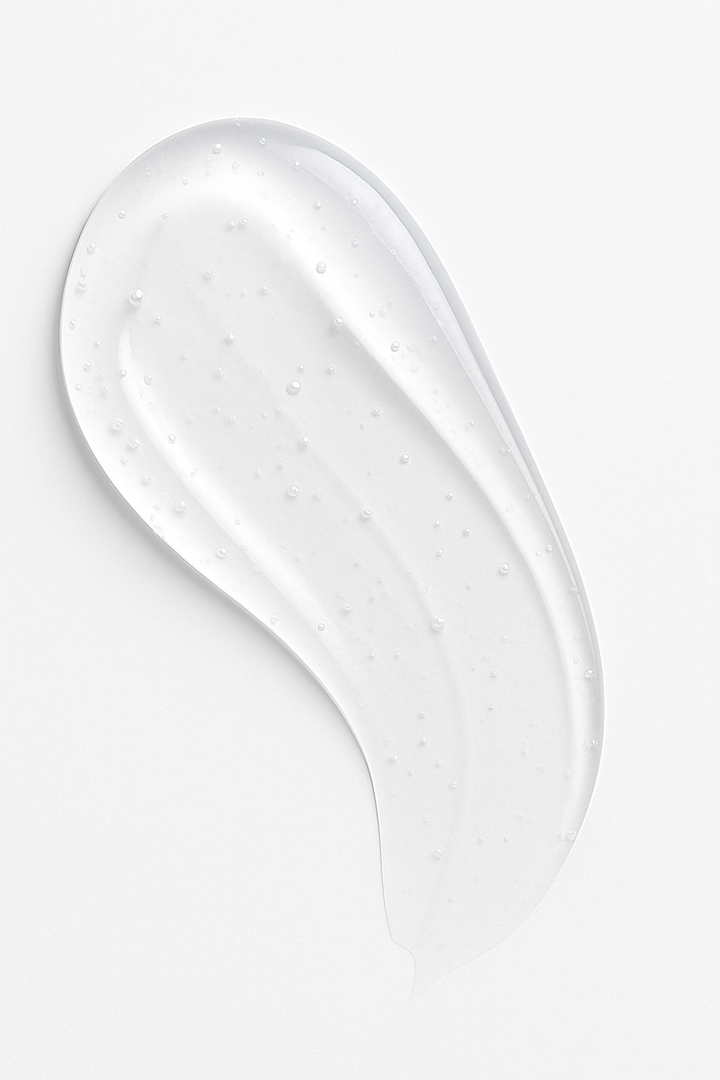 Transparent gel serum swatch from Root + Renew with dewy finish and visible hydration bubbles, captured on a neutral background to emphasize lightweight skincare texture.