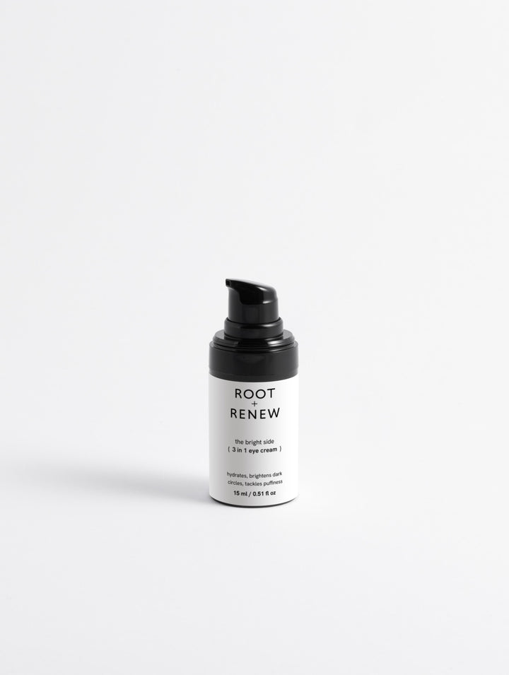 Root + Renew The Bright Side 3-in-1 Eye Cream bottle with pump dispenser on clean white background.