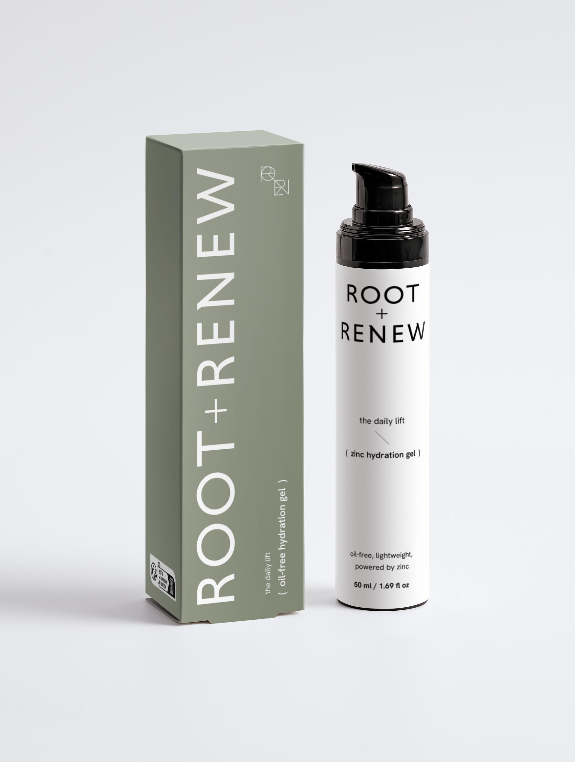 Root + Renew The Daily Lift oil-free hydration gel with matching sage green box, designed for lightweight, zinc-powered skincare