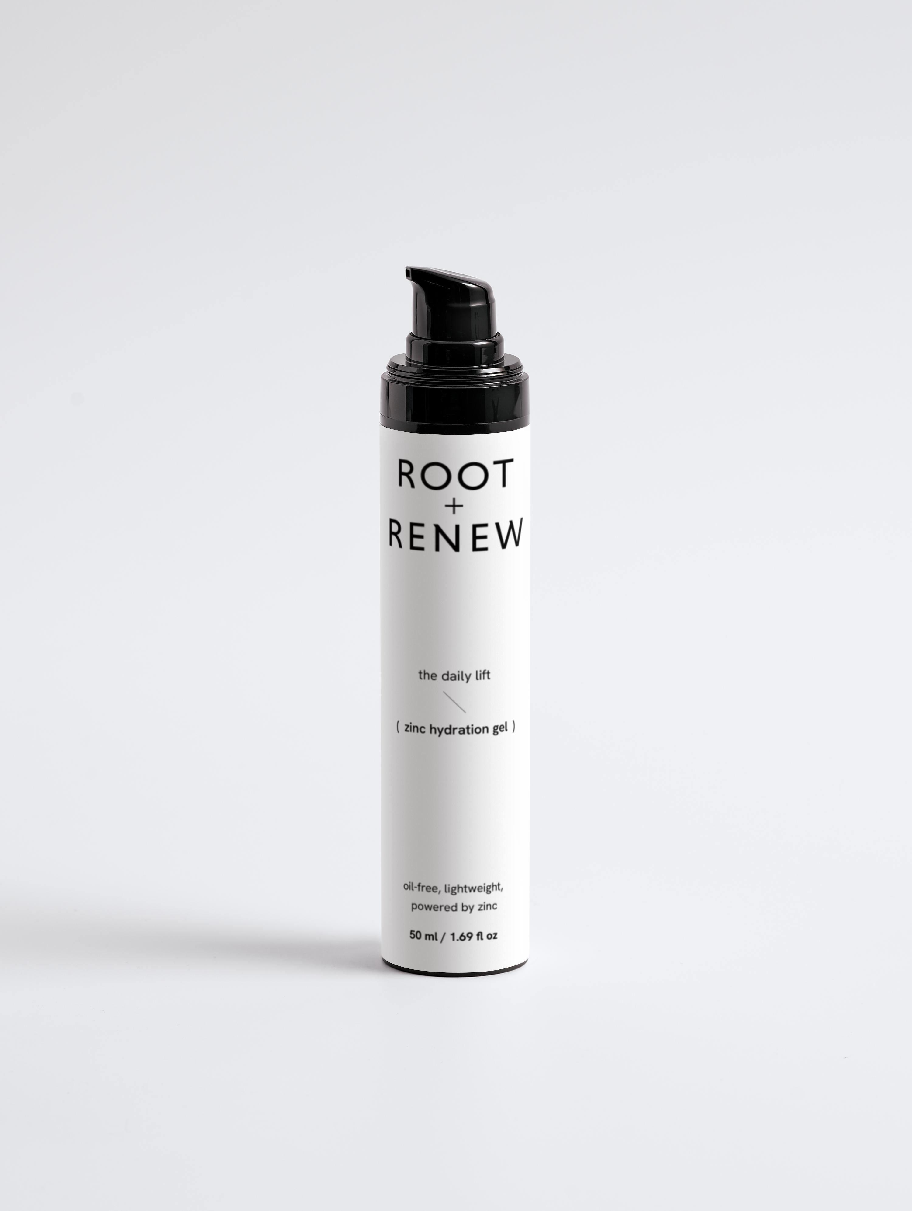 Front-facing Root + Renew The Daily Lift zinc hydration gel bottle with clean, minimalist label and black pump top on white background
