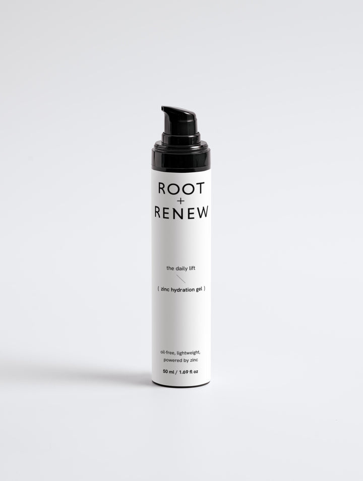 Front-facing Root + Renew The Daily Lift zinc hydration gel bottle with clean, minimalist label and black pump top on white background