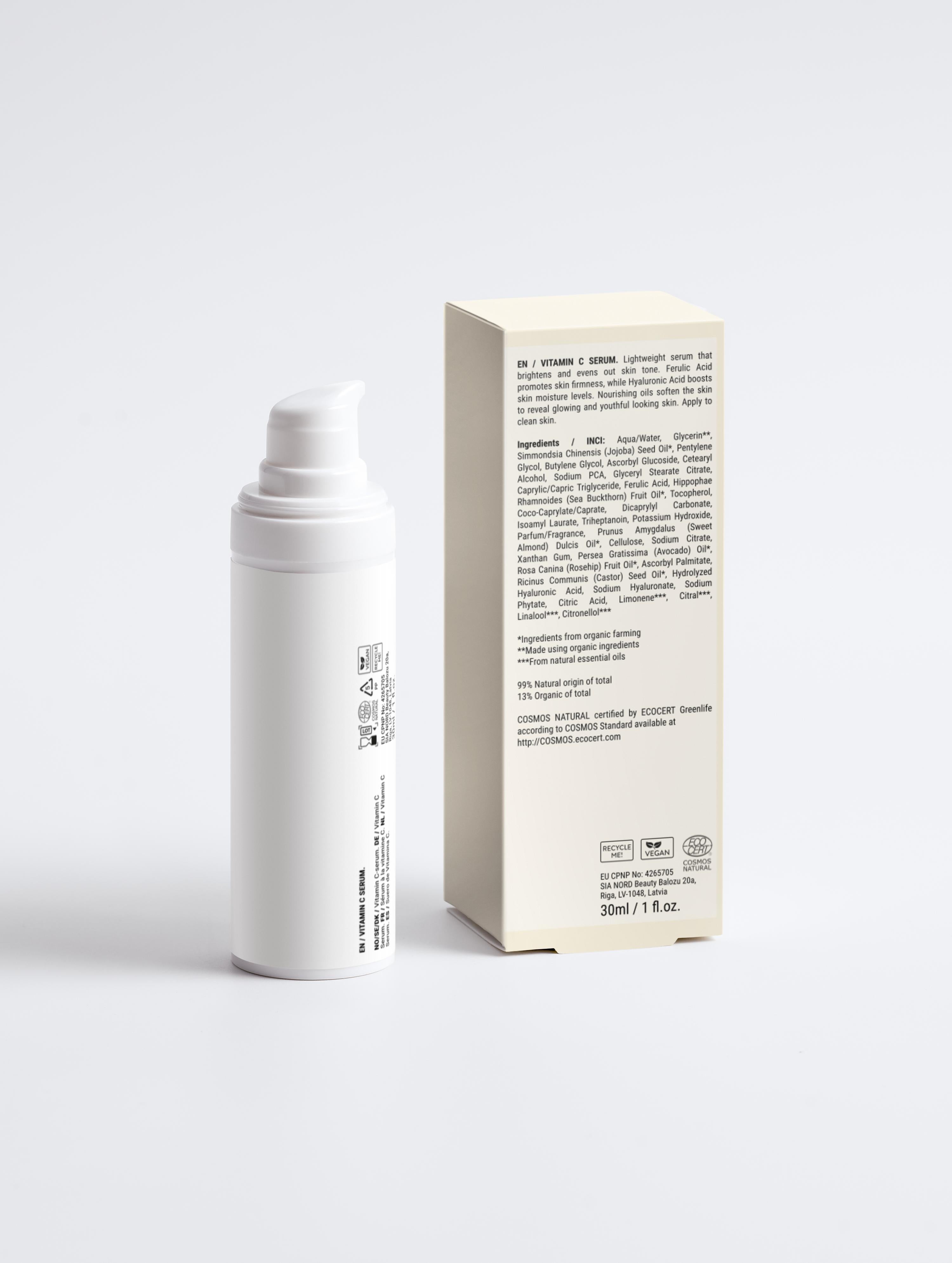 Back view of Root + Renew The Healthy Glow Vitamin C Serum and box, featuring ingredients, COSMOS Natural, vegan, and recyclable packaging details