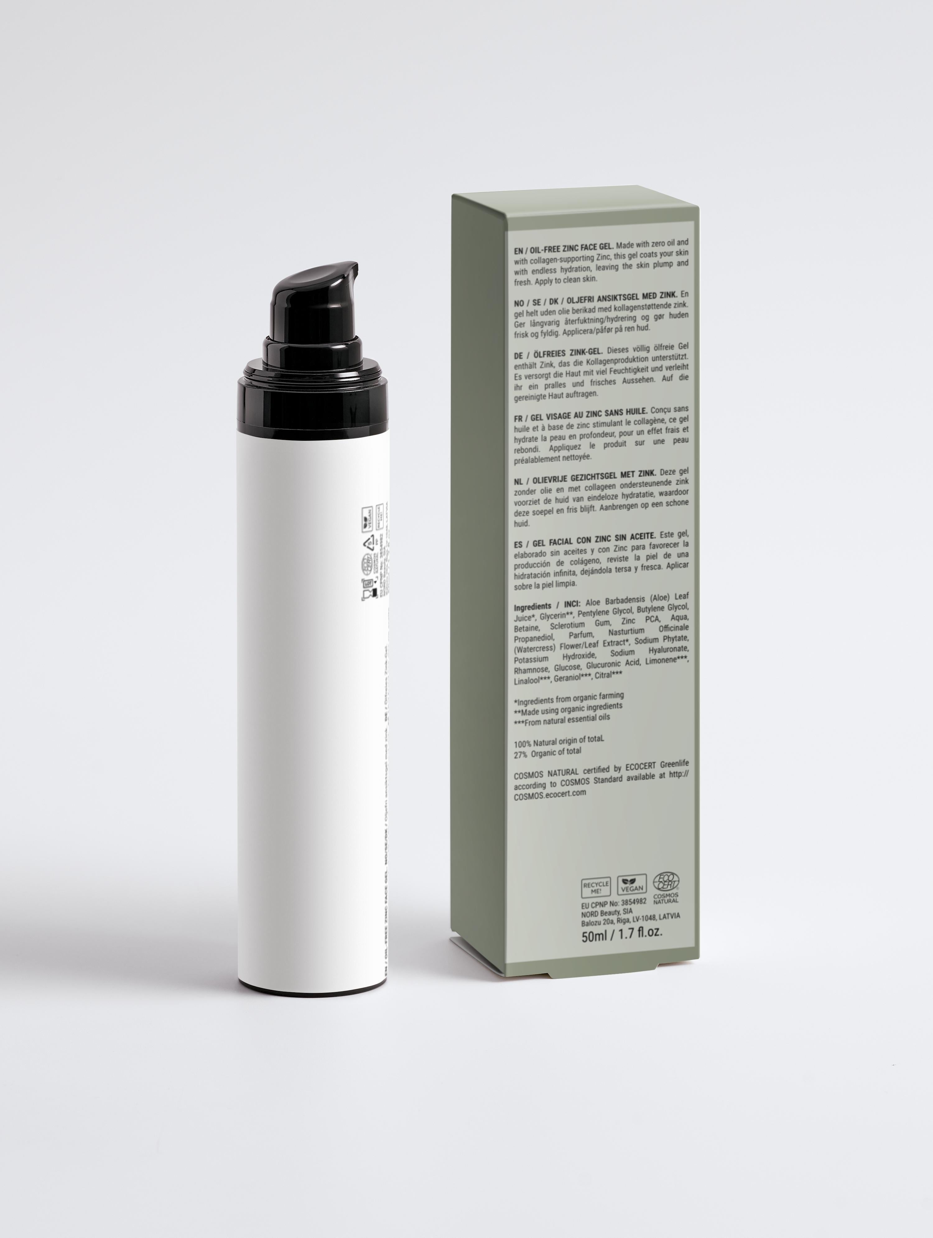 Back view of Root + Renew The Daily Lift with box showing product benefits and ingredients in multiple languages, highlighting vegan and recyclable packaging