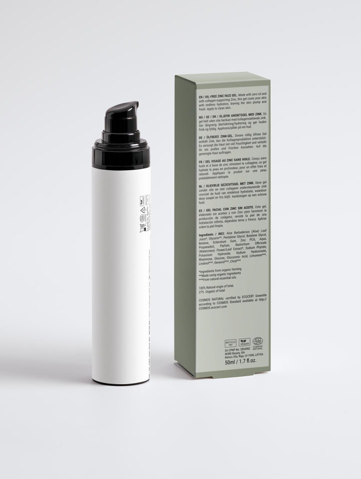 Back view of Root + Renew The Daily Lift with box showing product benefits and ingredients in multiple languages, highlighting vegan and recyclable packaging