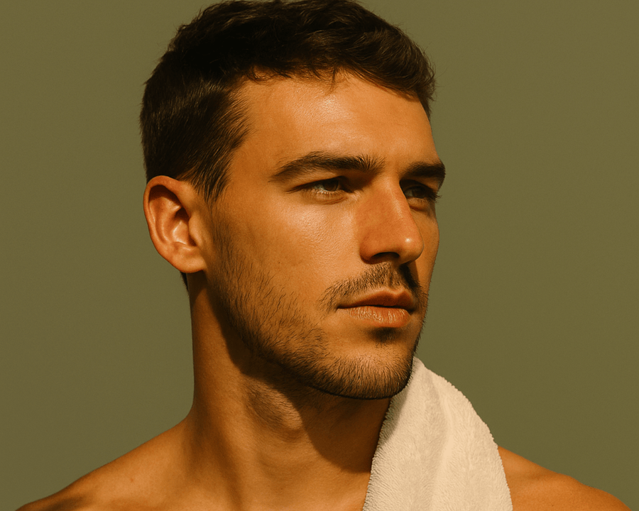 Man washing his face before shaving with a gentle cleanser