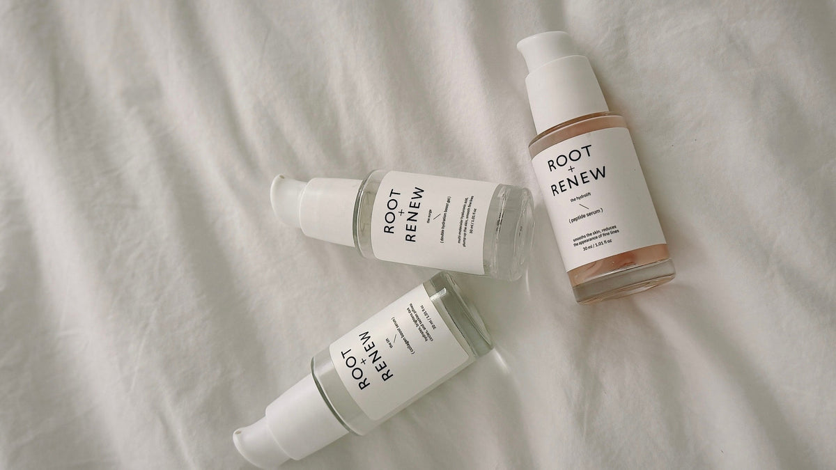 Minimalist skincare routine with cleanser, targeted serum, moisturizer and sunscreen