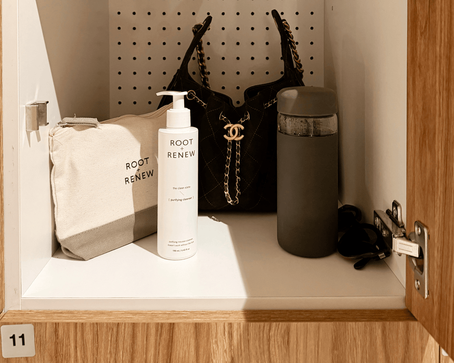 Post-workout gym bag skincare routine with cleanser and hydration