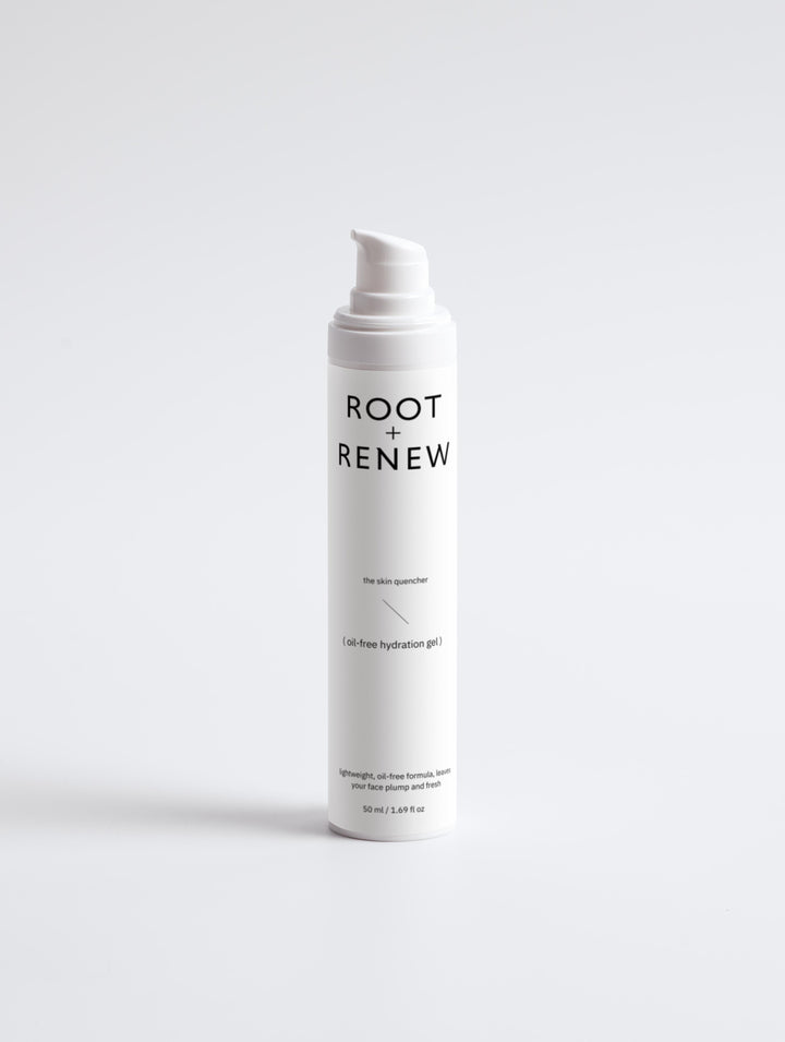 Standalone image of The Skin Quencher Oil-Free Hydration Gel in a white pump bottle with black minimalist branding on a white background.

