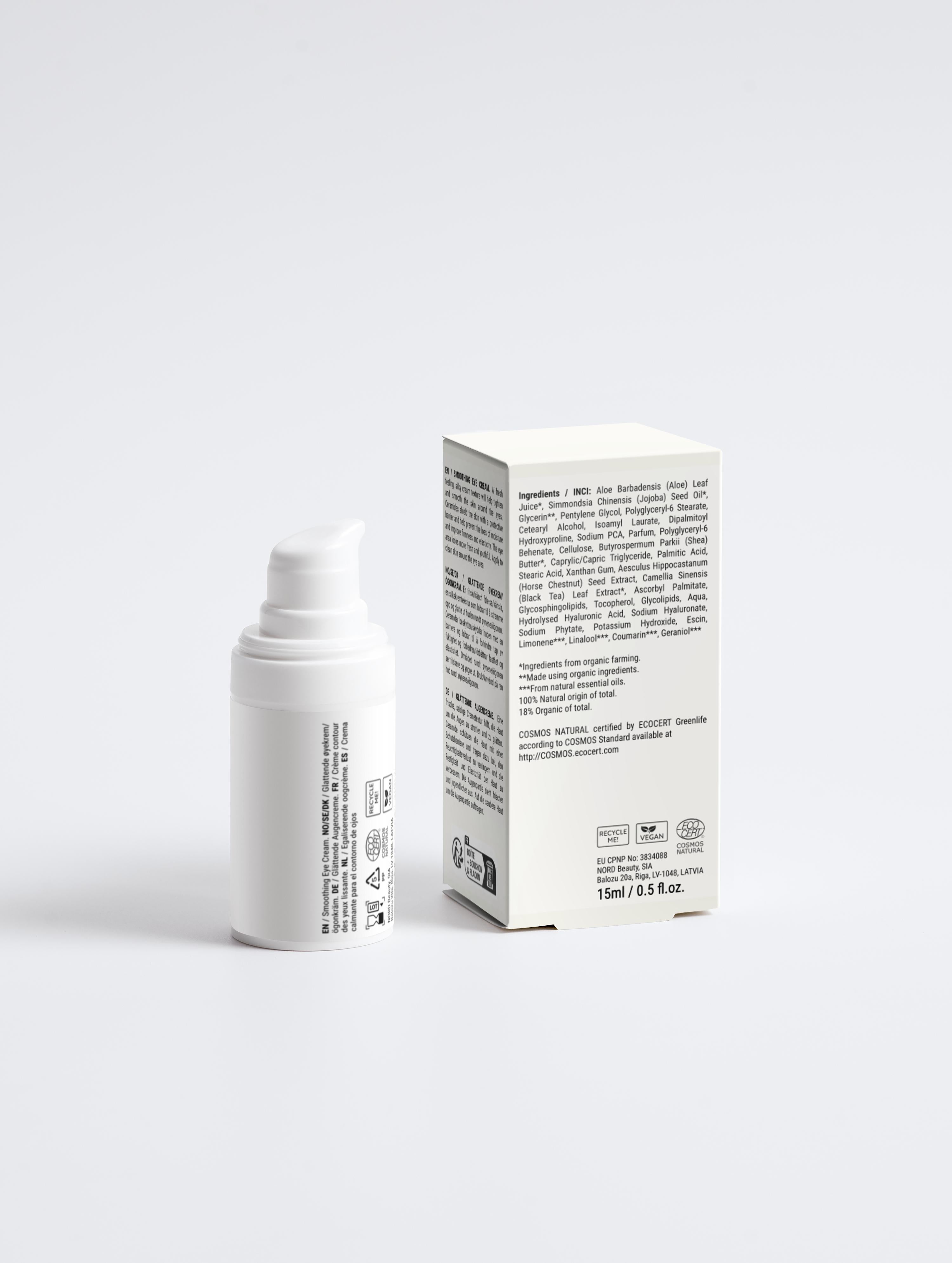 Back view of Root + Renew’s The Awake Smoothing Eye Cream and its packaging, highlighting ingredients, certifications, and sustainability icons.