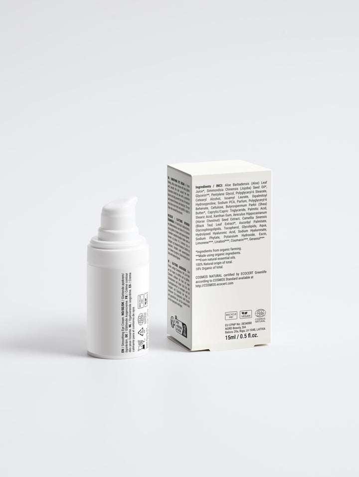 Back view of Root + Renew’s The Awake Smoothing Eye Cream and its packaging, highlighting ingredients, certifications, and sustainability icons.