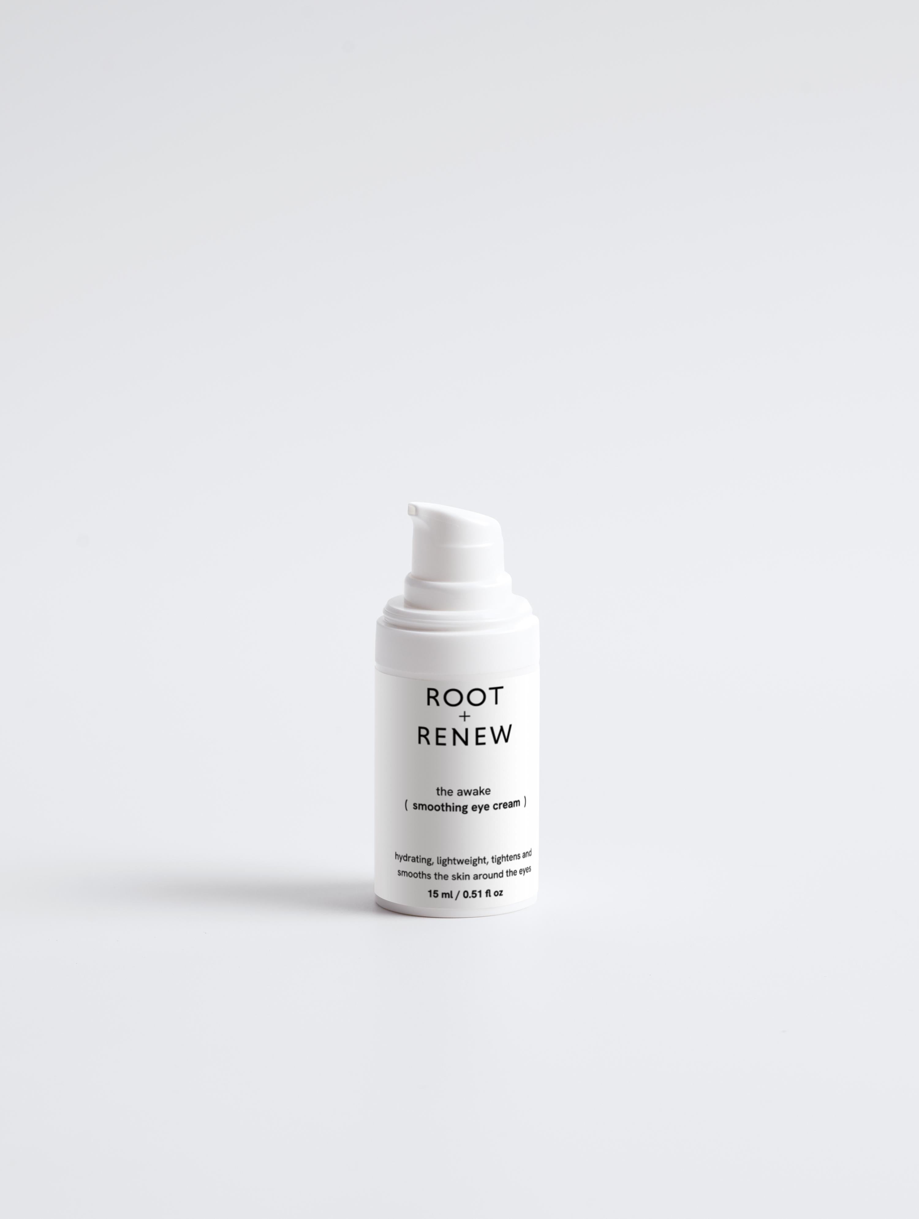 Clean, isolated image of The Awake Smoothing Eye Cream from Root + Renew against a white background, showcasing its sleek pump packaging.