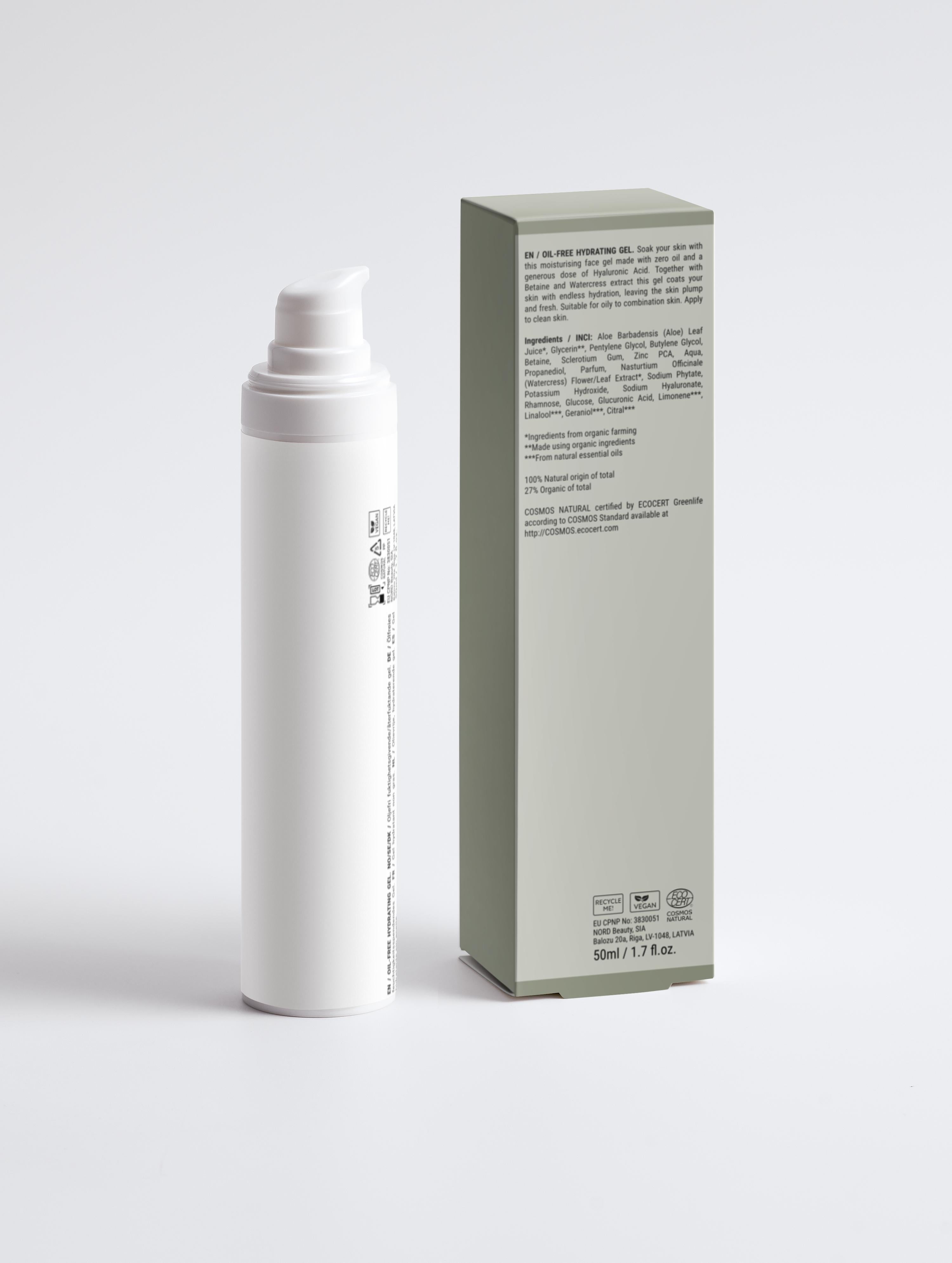 Back view of Root + Renew’s The Skin Quencher Oil-Free Hydration Gel and its box, highlighting product description, ingredients, and certifications.

