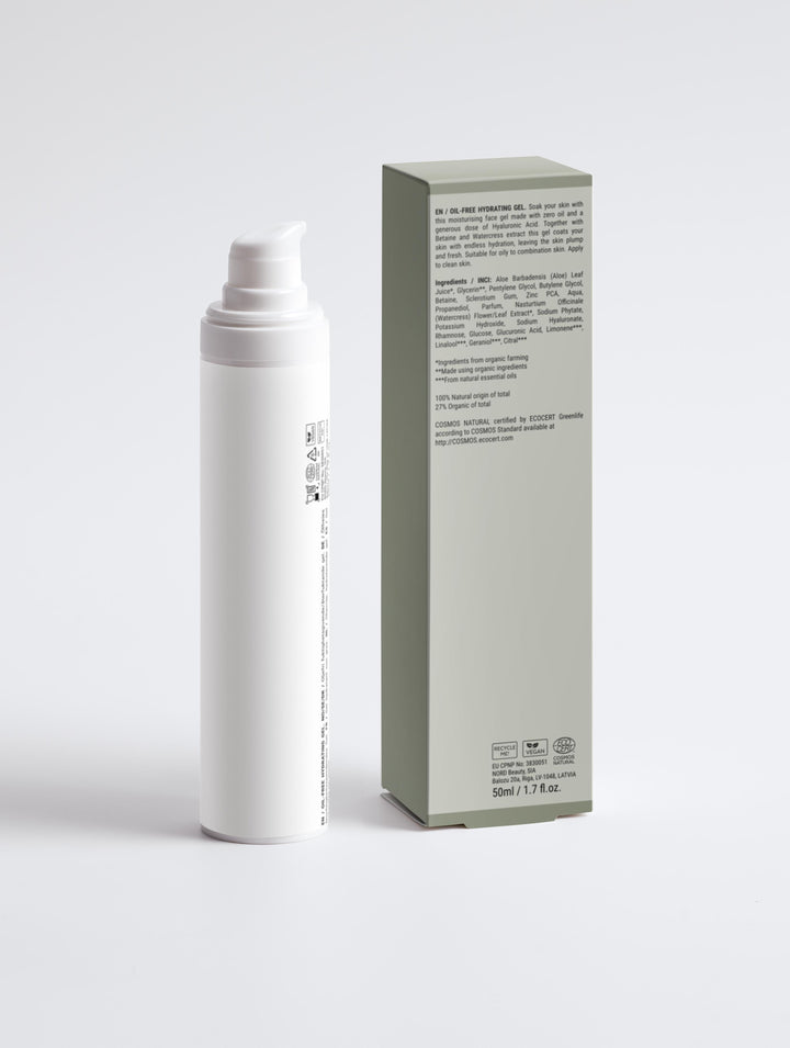 Back view of Root + Renew’s The Skin Quencher Oil-Free Hydration Gel and its box, highlighting product description, ingredients, and certifications.

