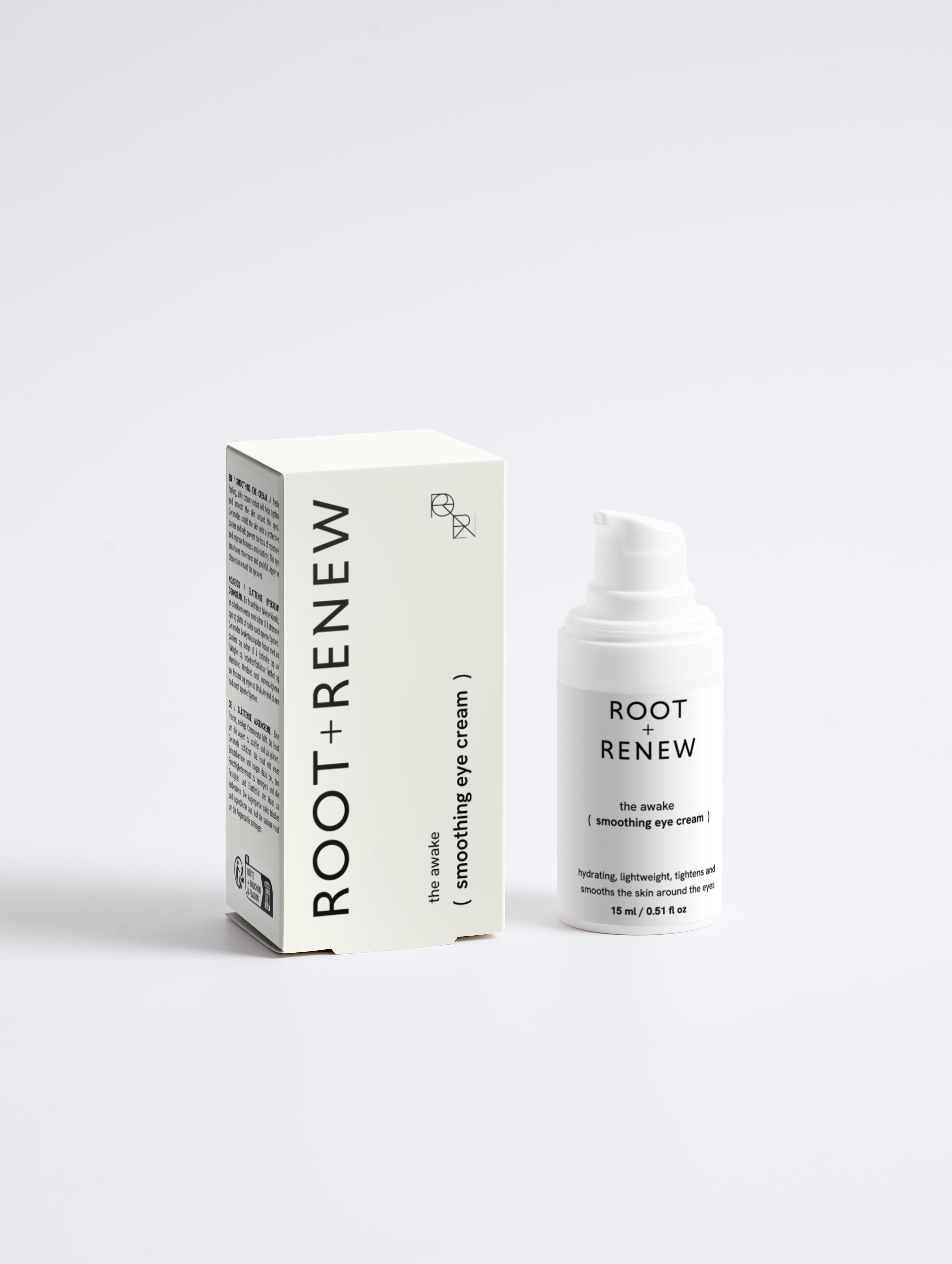 Root + Renew’s The Awake Smoothing Eye Cream shown with its cream-colored box, displaying the product name and minimalist branding.