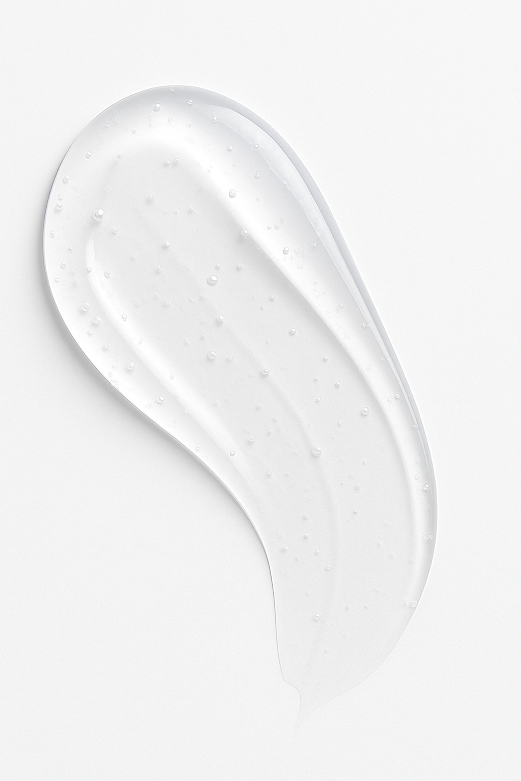 Transparent gel serum swatch from Root + Renew with dewy finish and visible hydration bubbles, captured on a neutral background to emphasize lightweight skincare texture.