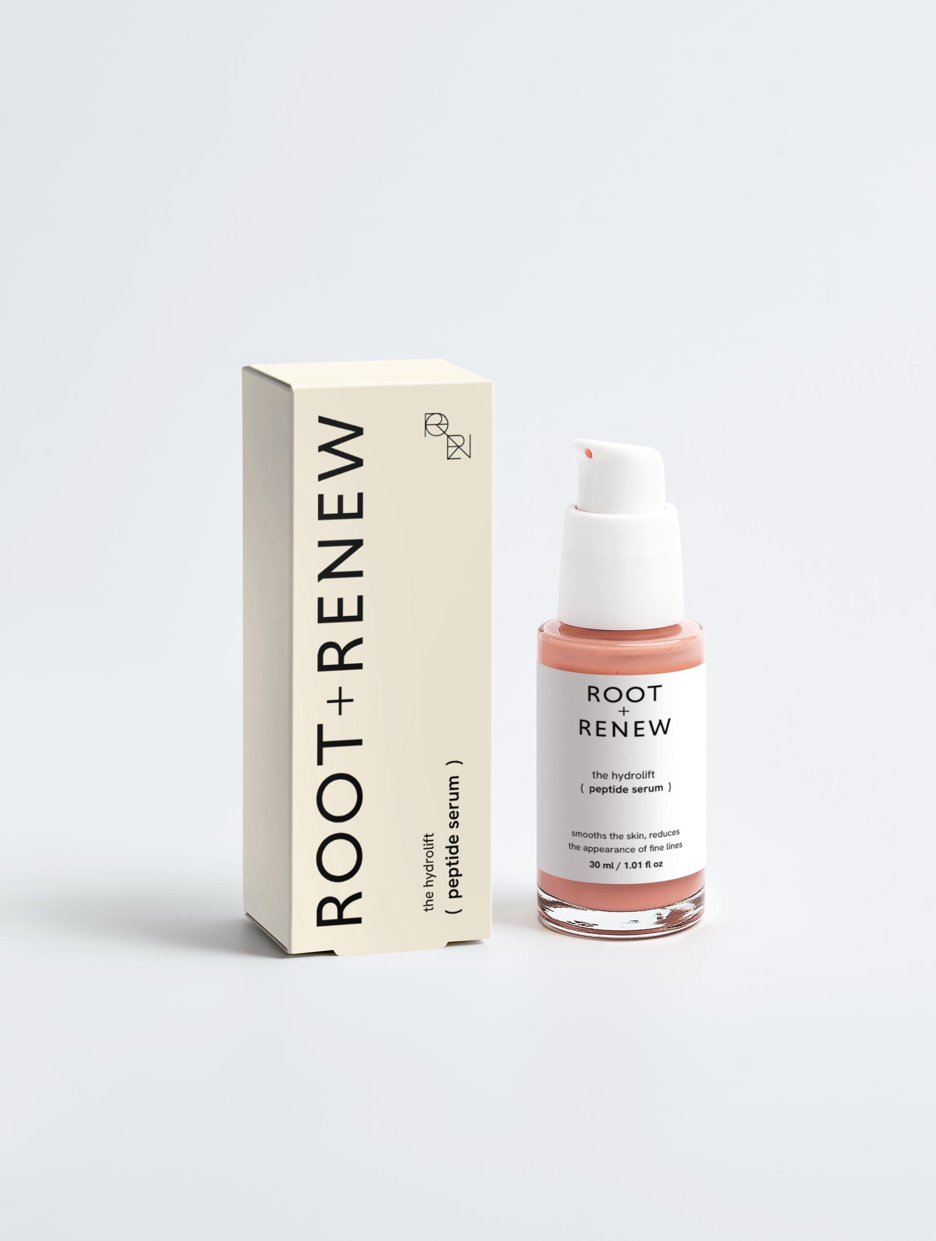 Root + Renew The Hydrolift Peptide Serum in a pink glass bottle with clean label, formulated to smooth skin and reduce fine lines


