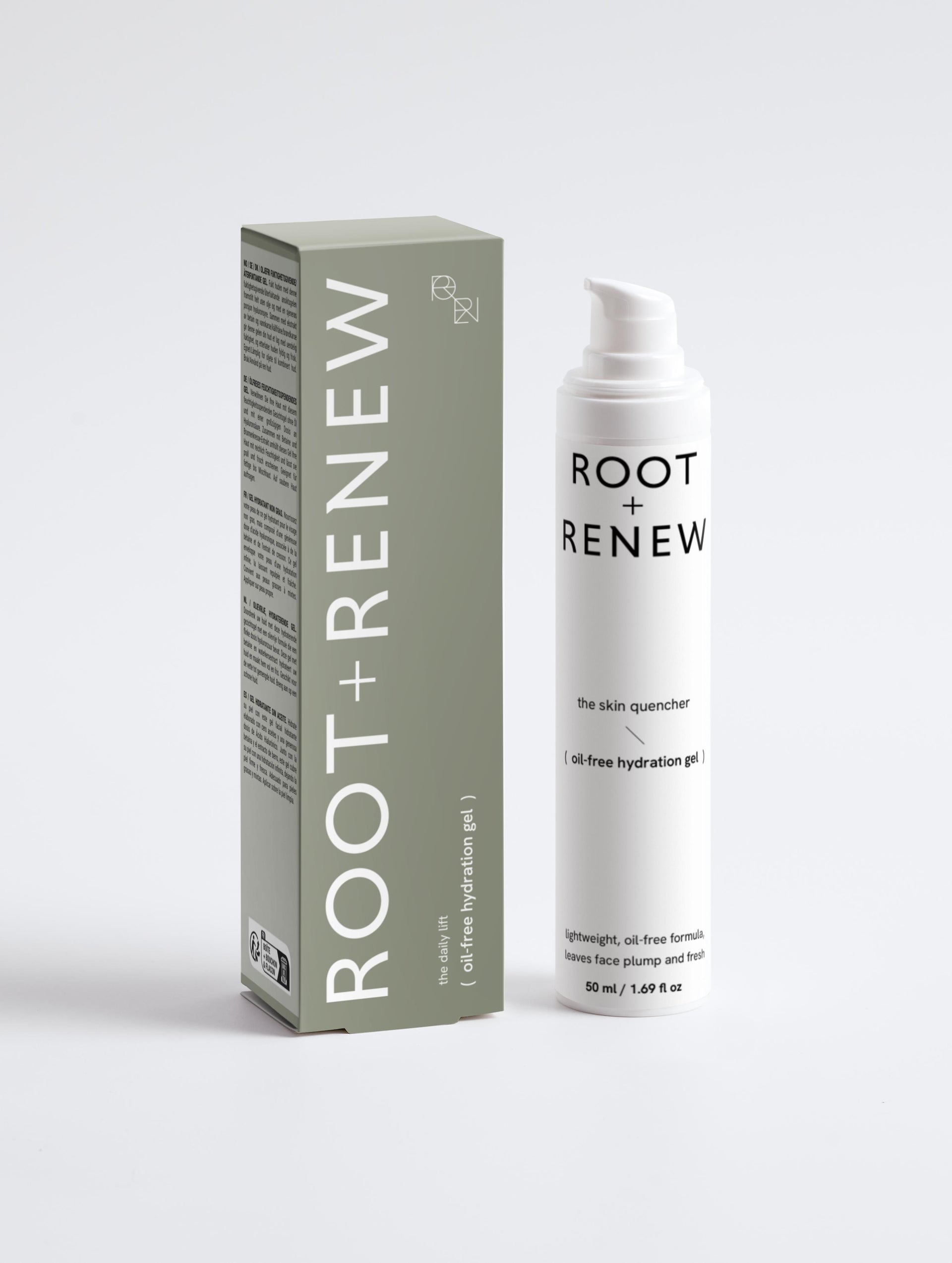 Root + Renew’s The Skin Quencher Oil-Free Hydration Gel paired with its sleek sage green box, showcasing minimalist branding and clean design.


