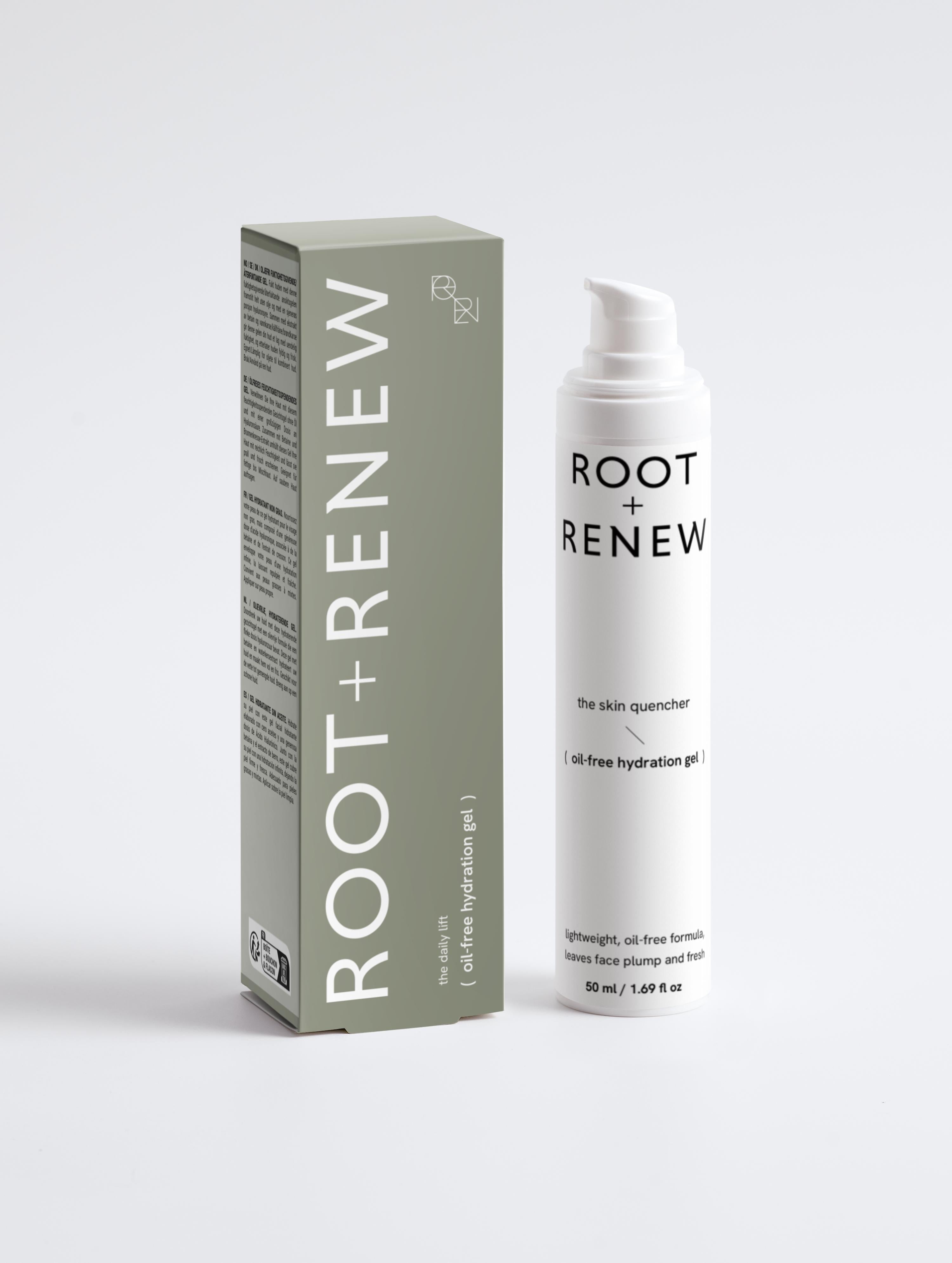 Root + Renew’s The Skin Quencher Oil-Free Hydration Gel paired with its sleek sage green box, showcasing minimalist branding and clean design.

