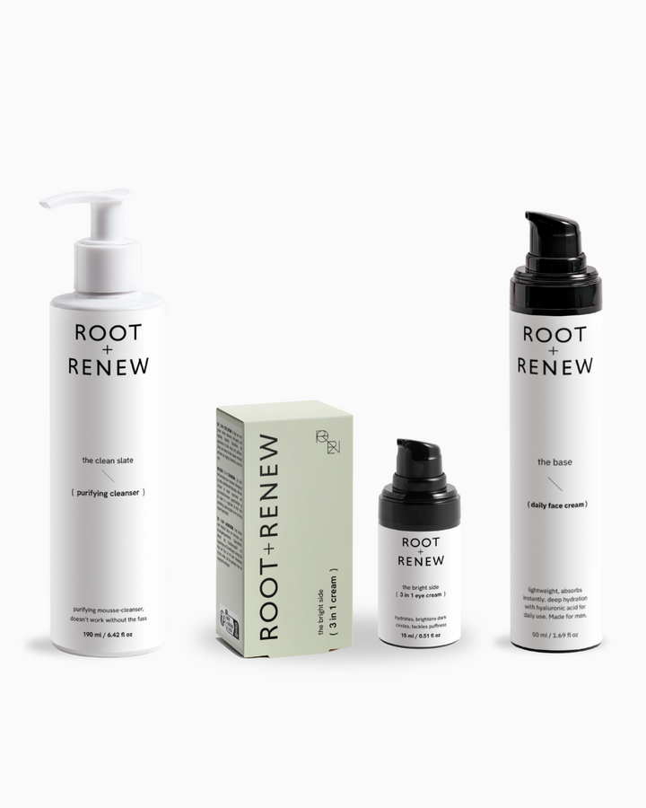 Simplify your routine with The Foundation—deep cleanse, daily hydration, depuffed eyes. Vegan, organic, science-forward skincare for men who actually care.