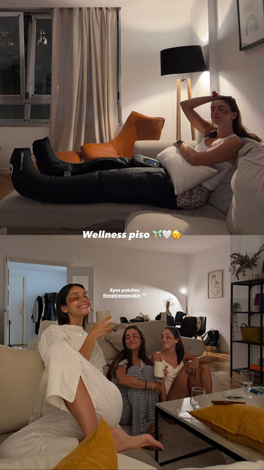 Friends wearing Root + Renew hydrogel eye patches